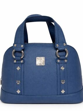 MCM Blue Leather Satchel Bag Gold Hardware Structured Top Handle Purse Dome Bag